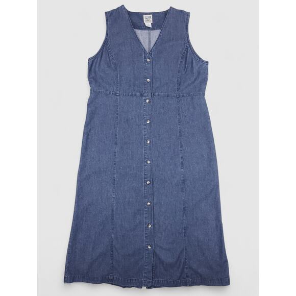 TravelSmith Dresses & Skirts - VTG Travelsmith Denim Maxi Dress Womens 16 Blue Dark Wash Button Up Sleeveless
